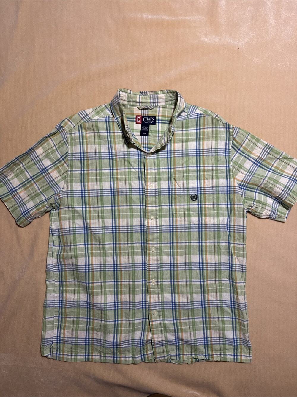 Chaps Plaid Men’s Size Large Linen/Cotton Button Up Short Sleeve Shirt VERY GOOD